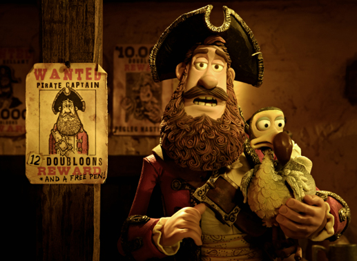 Der Piratenkapitän (Originalstimme: Hugh Grant) mit seinem Vogel Polly. Bild: Sony