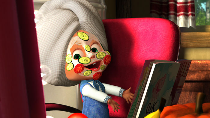 Mascha vergönnt sich eine Gesichtsmaske. Bärenstarke russische 3D-Animation. Bild: KiKA/ Animaccord Ltd