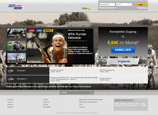Eurosport bietet mit seinem kostenpflichtigen Eurosportplayer Livestream und ein umfangreiches Archiv an. Bild: Eurosport / Screenshot TVButler