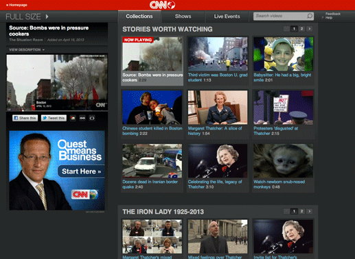 Die CNN-Mediathek bietet sehenswerte Videos und Video-Sammlungen zu Themenschwerpunkten und aktuelle Ereignissen. Bild: Screenshot CNN/TVbutler