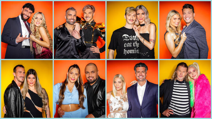 Diese Paare ziehen 2024 in das Sommerhaus der Stars. V.o.l.: Umut Tekin und Emma Fernlund, Rafi Rachek und Sam Dylan, Tessa Bergmeier und Freund Jakob, Vanessa Schmitt und Raúl Richter V.u.l.: Freund Michael und Gloria, Alessia Herren und Partner Can, Sarah Kern und Tobias Pankow, Theresia Fischer und Stefan Kleiser. Bild: Sender / RTL / Stefan Gregorowius