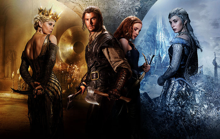 Eric, der "Huntsman" (Chris Hemsworth), und seine Geliebte Sara (Jessica Chastain) geraten zwischen die Fronten der Schwestern Ravenna (Charlize Theron) und Freya (Emily Blunt). Bild: Sender /  ZDFb / Giles Keyte