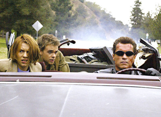 Claire Danes (Kate Brewster), Nick Stahl (John Connor), Arnold Schwarzenegger (Terminator). Bild: Sender