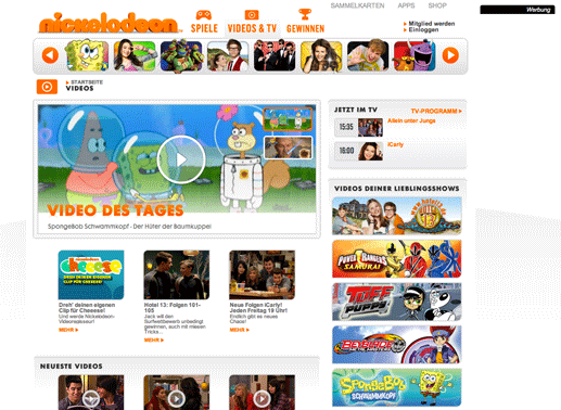 Viele Videos zu den beliebtesten Shows und Serien bietet die Mediathek von Nickelodeon. Zahlreiche Folgen der Sendungen stehen online zur Verfügung. Bild: Nickelodeon / Screenshot TVButler